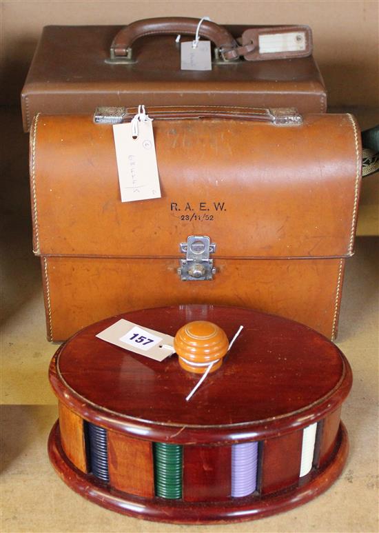 Oval beech chip caddy, 1950s part-fitted leather lunch box, leather toilet case (lacking fitments) & a vintage Kodak cine camera